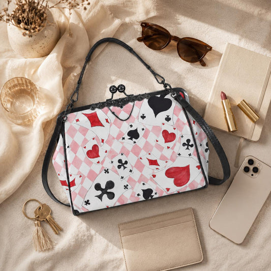 Alice Inspired Harlequin Card Suit Kiss Lock Bag, Pink Wonderland Handbag