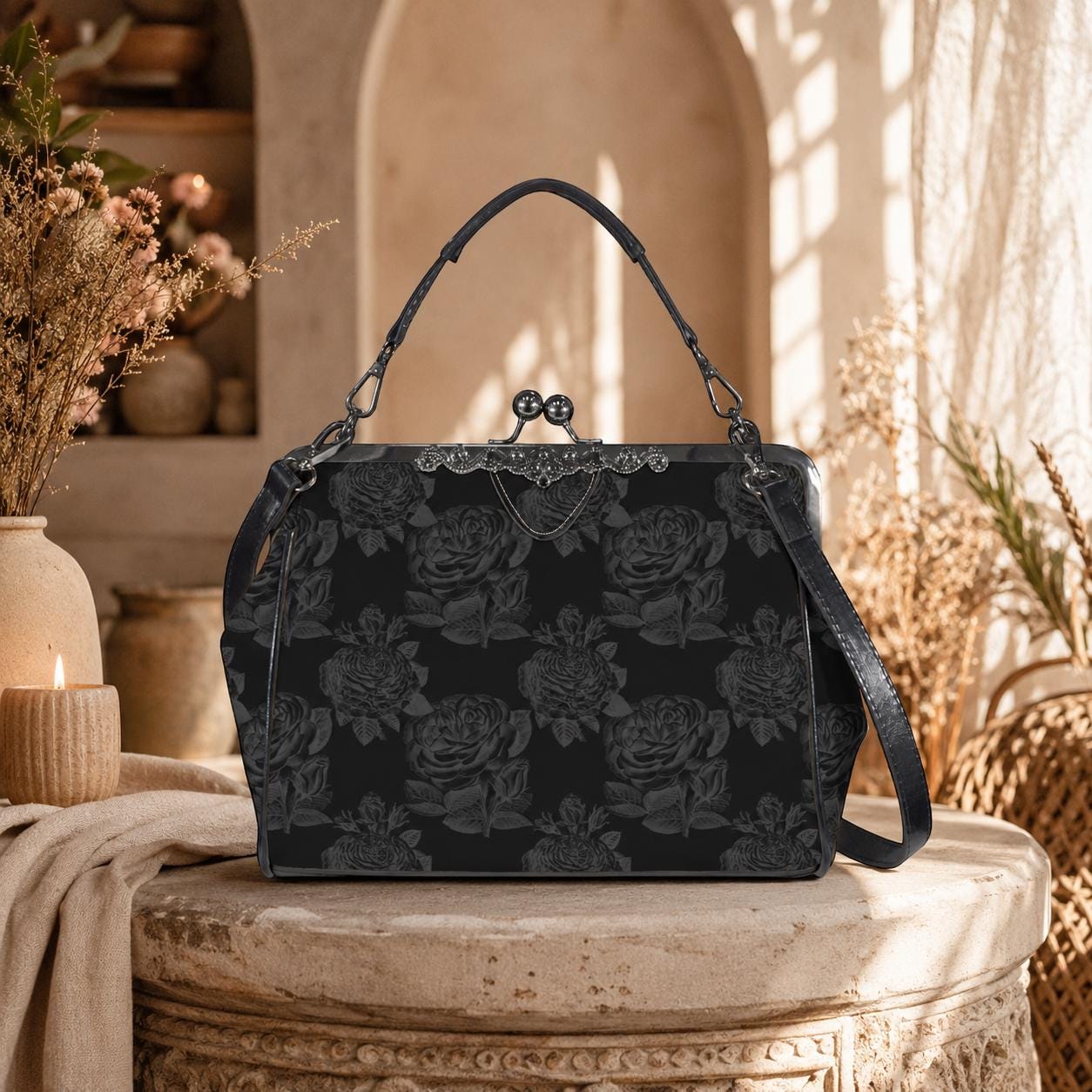 Black Rose Kisslock Bag, Dark Floral Vintage Handbag, Elegant Top Handle Evening Purse