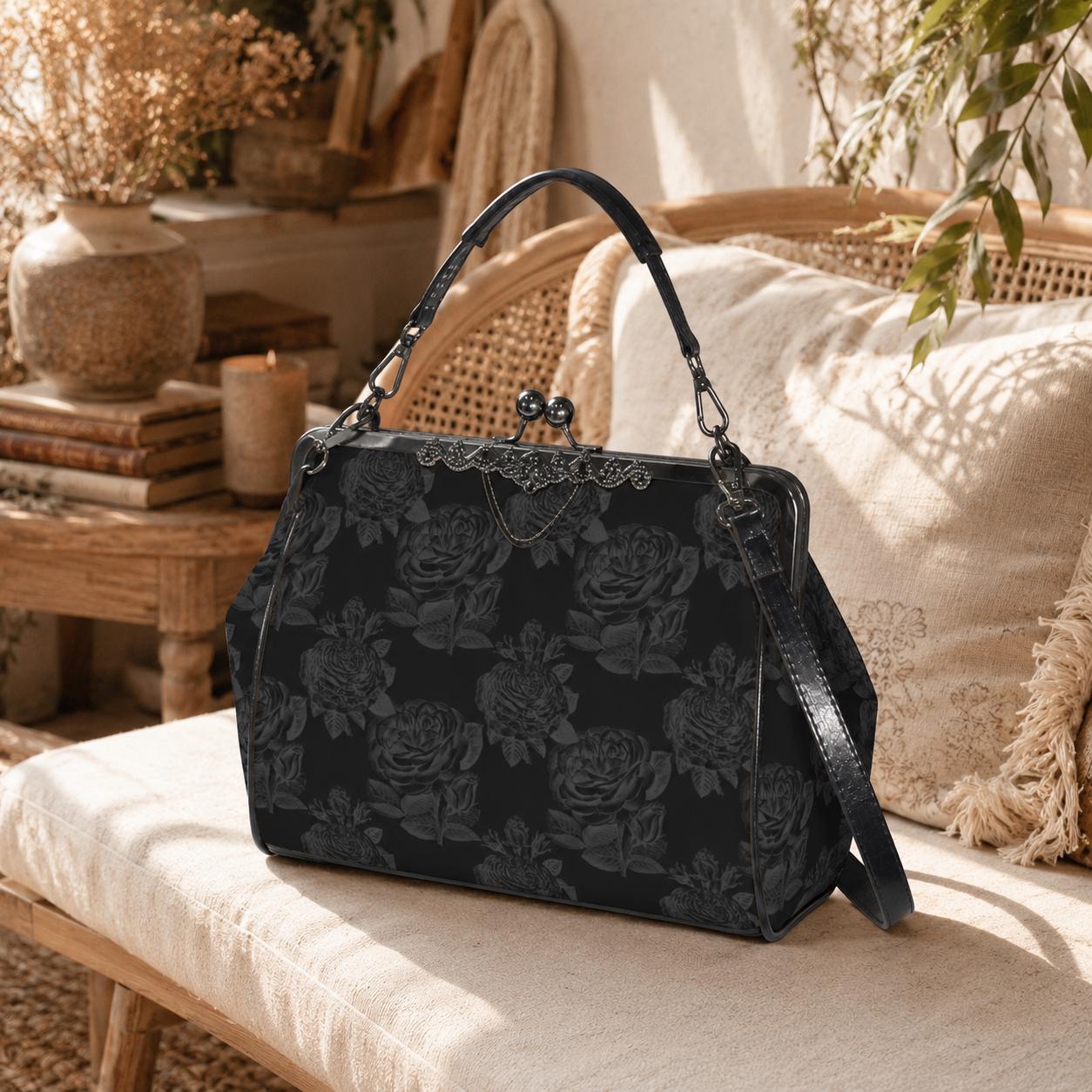 Black Rose Kisslock Bag, Dark Floral Vintage Handbag, Elegant Top Handle Evening Purse
