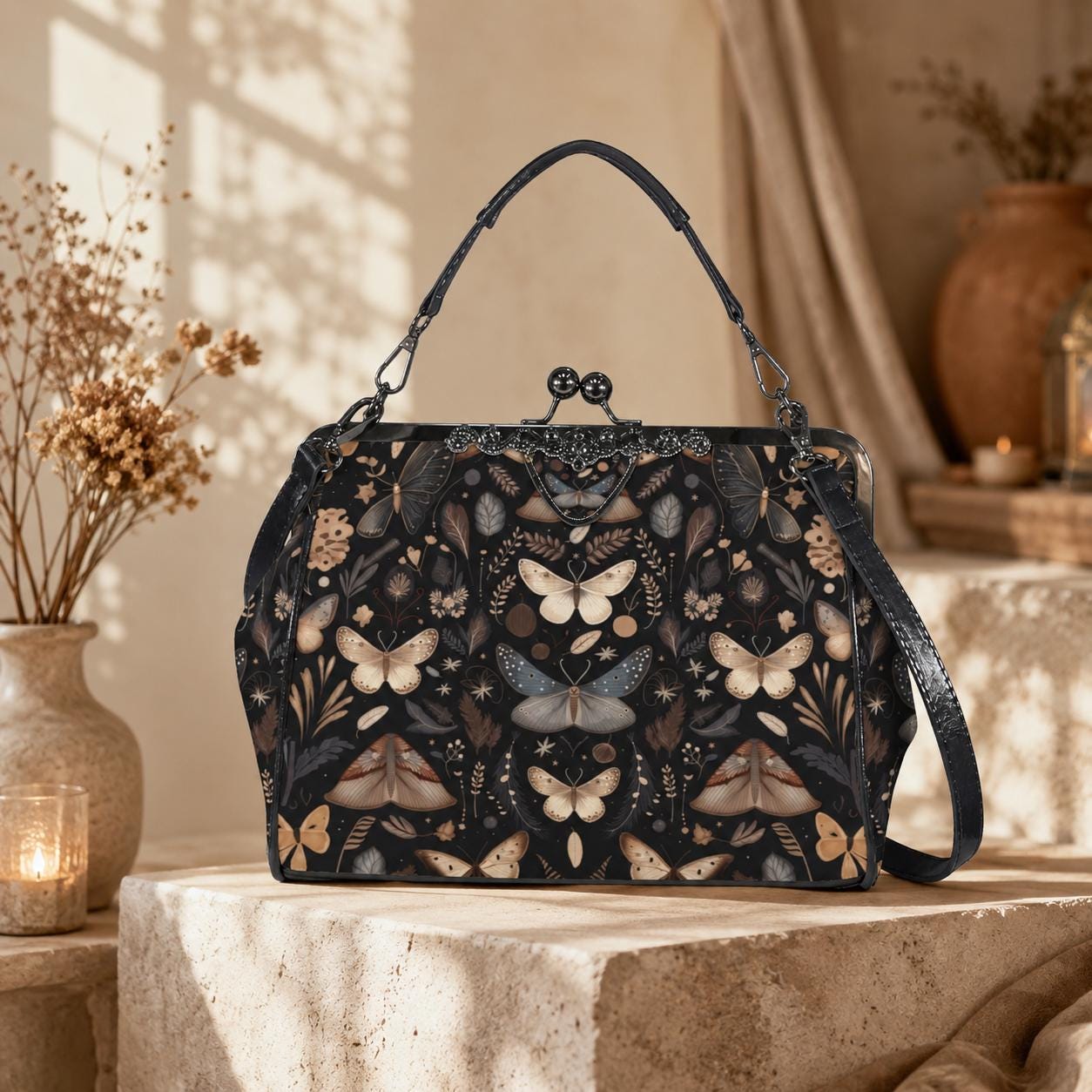 Vintage Moth Print Handbag: Botanical Clasp Purse