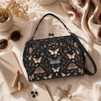 Vintage Moth Print Handbag: Botanical Clasp Purse