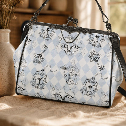 Kiss Lock Cat Handbag, Whimsical Mushroom Purse, Vintage Storybook Satchel