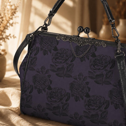Purple rose kisslock bag, vintage floral frame handbag, dark romance top handle purse