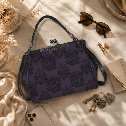 Purple rose kisslock bag, vintage floral frame handbag, dark romance top handle purse