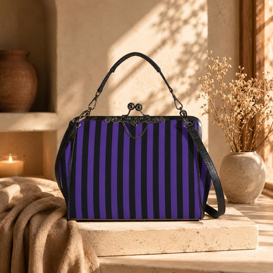 Purple Black Stripe Kiss Lock Purse, Gothic Frame Bag for Witchy Outfit