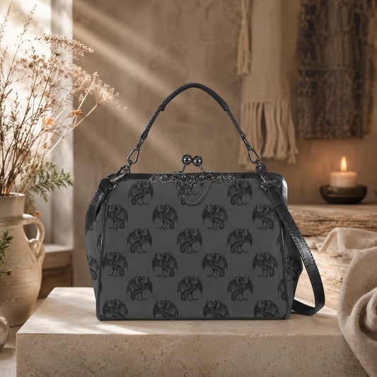 Dragon Kiss Lock Purse, Fantasy Gothic Handbag, Gray Mythical Creature Bag