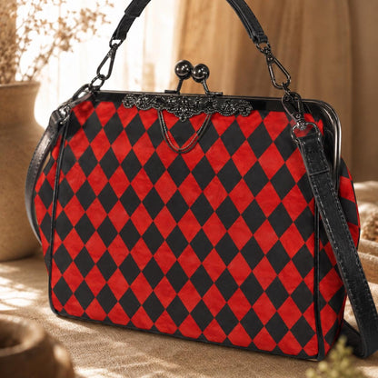 Red Black Harlequin Kisslock Handbag, Diamond Frame Purse, Queen Hearts Inspired Top Handle Bag, Wonderland Crossbody Party Purse