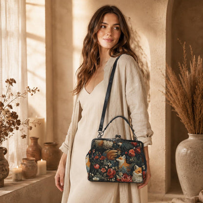 Fox Floral Kiss Lock Bag, Woodland Frame Purse, Cottagecore Top Handle Handbag