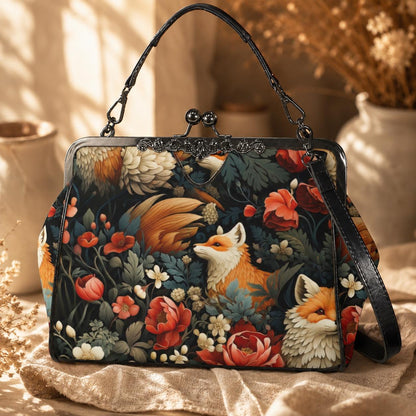Fox Floral Kiss Lock Bag, Woodland Frame Purse, Cottagecore Top Handle Handbag