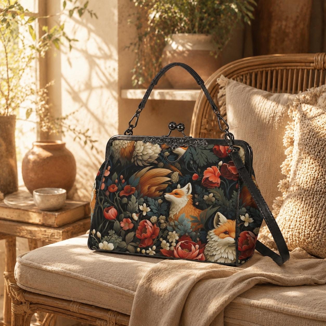 Fox Floral Kiss Lock Bag, Woodland Frame Purse, Cottagecore Top Handle Handbag