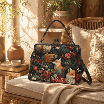 Fox Floral Kiss Lock Bag, Woodland Frame Purse, Cottagecore Top Handle Handbag