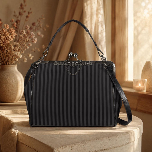 Black Striped Kisslock Bag - Dark Academia Witchcore Gothic Purse Retro Clasp Handbag