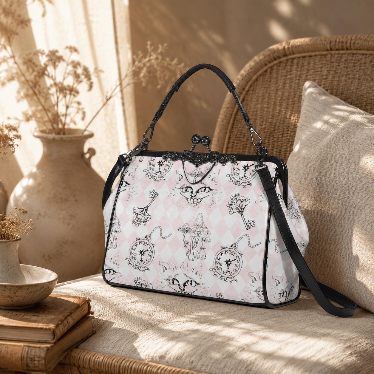 Kiss Lock Cat Handbag, Pastel Gothic Purse, Pink Harlequin Top Handle Bag