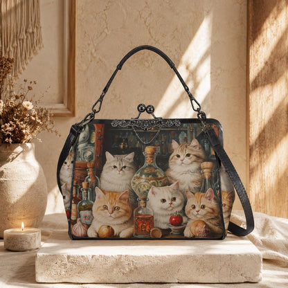 Cat Print Kisslock Bag, Vintage Style Handbag with Kittens and Potion Bottles