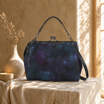 Celestial Galaxy Kisslock Handbag, Nebula Frame Purse, Starry Night Top Handle Bag