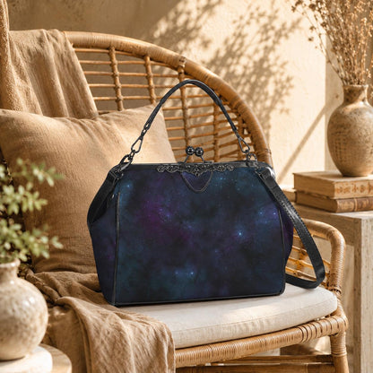 Celestial Galaxy Kisslock Handbag, Nebula Frame Purse, Starry Night Top Handle Bag