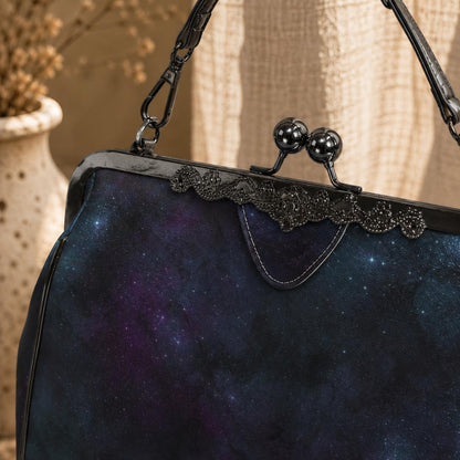 Celestial Galaxy Kisslock Handbag, Nebula Frame Purse, Starry Night Top Handle Bag