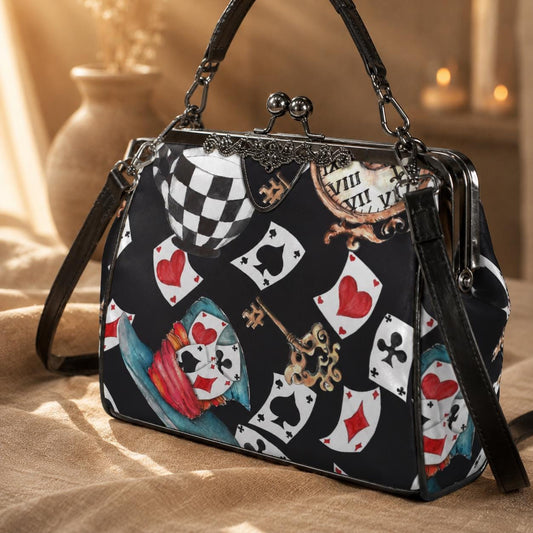 Playing Card Kiss Lock Bag Whimsical Tea Party Handbag Storybook Shoulder Purse