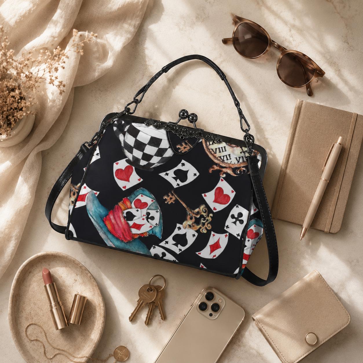 Playing Card Kiss Lock Bag Whimsical Tea Party Handbag Storybook Shoulder Purse