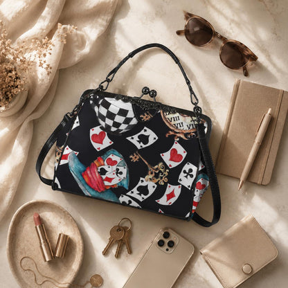 Playing Card Kiss Lock Bag Whimsical Tea Party Handbag Storybook Shoulder Purse