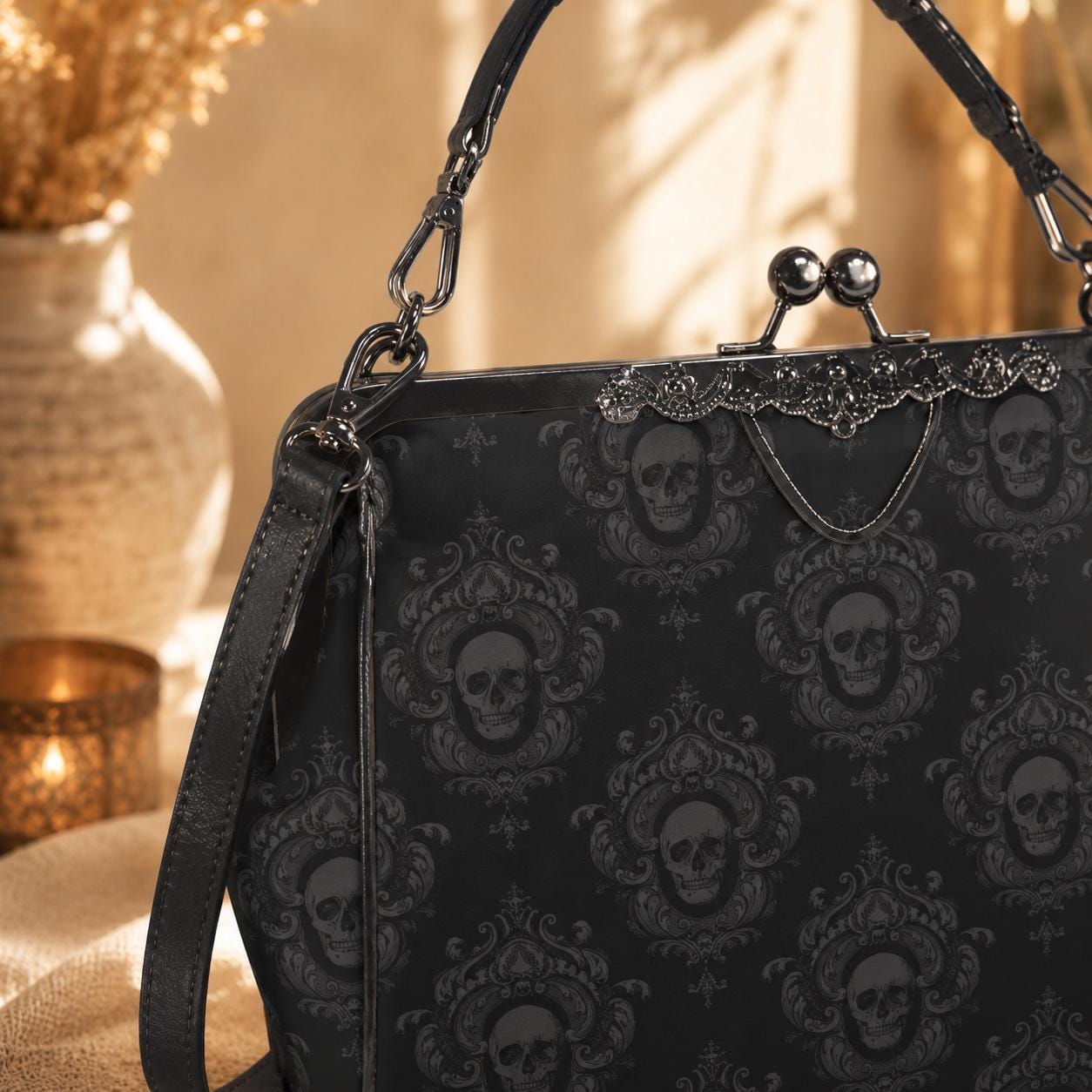 Skull Damask Kisslock Bag, Vintage Gothic Handbag, Victorian Style Purse, Witchy Top Handle Shoulder Bag