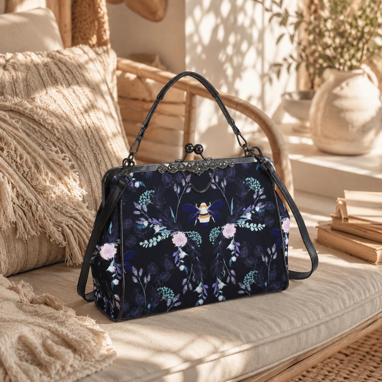 Bee Floral Kisslock Bag, Night Garden Purse, Cottagecore Handbag