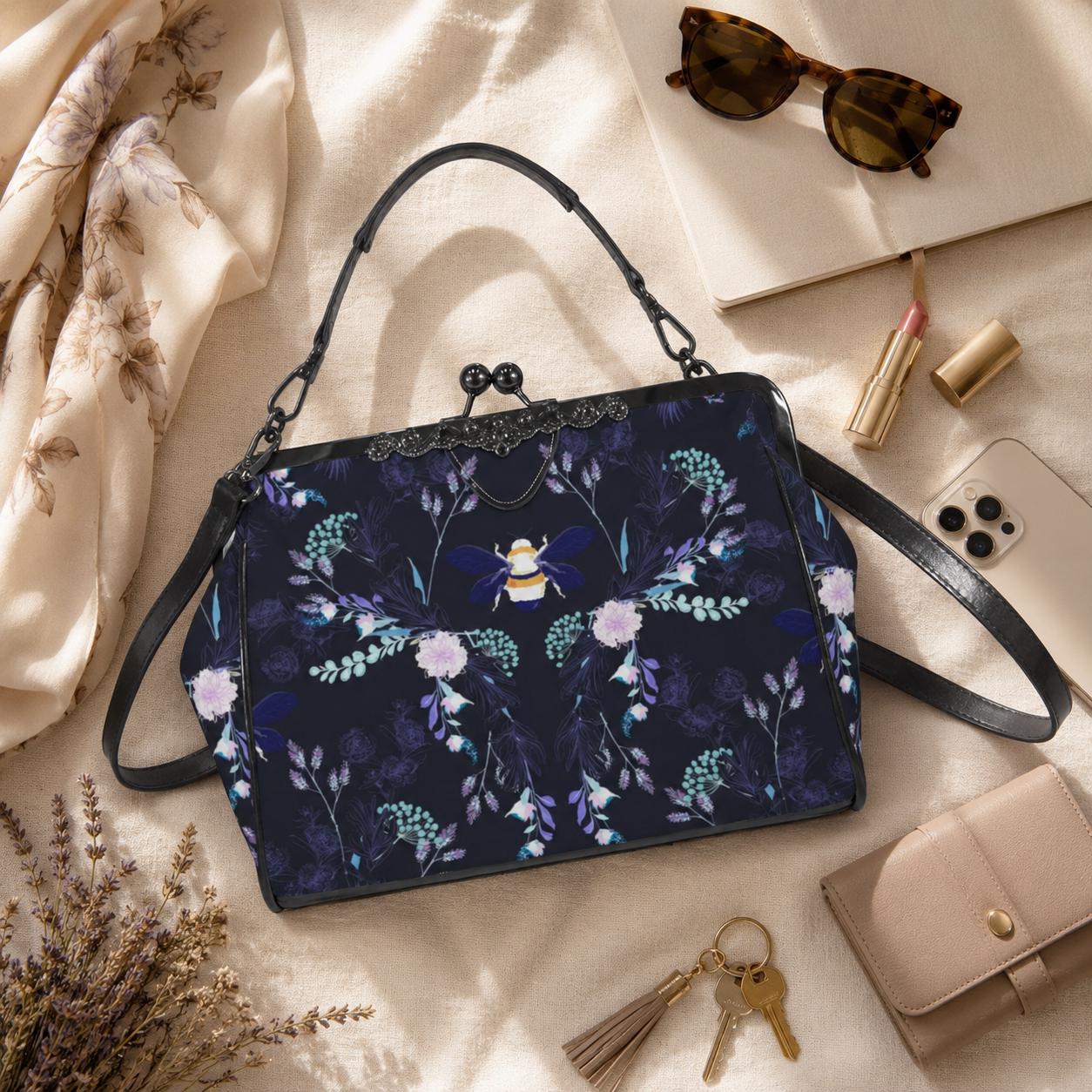 Bee Floral Kisslock Bag, Night Garden Purse, Cottagecore Handbag