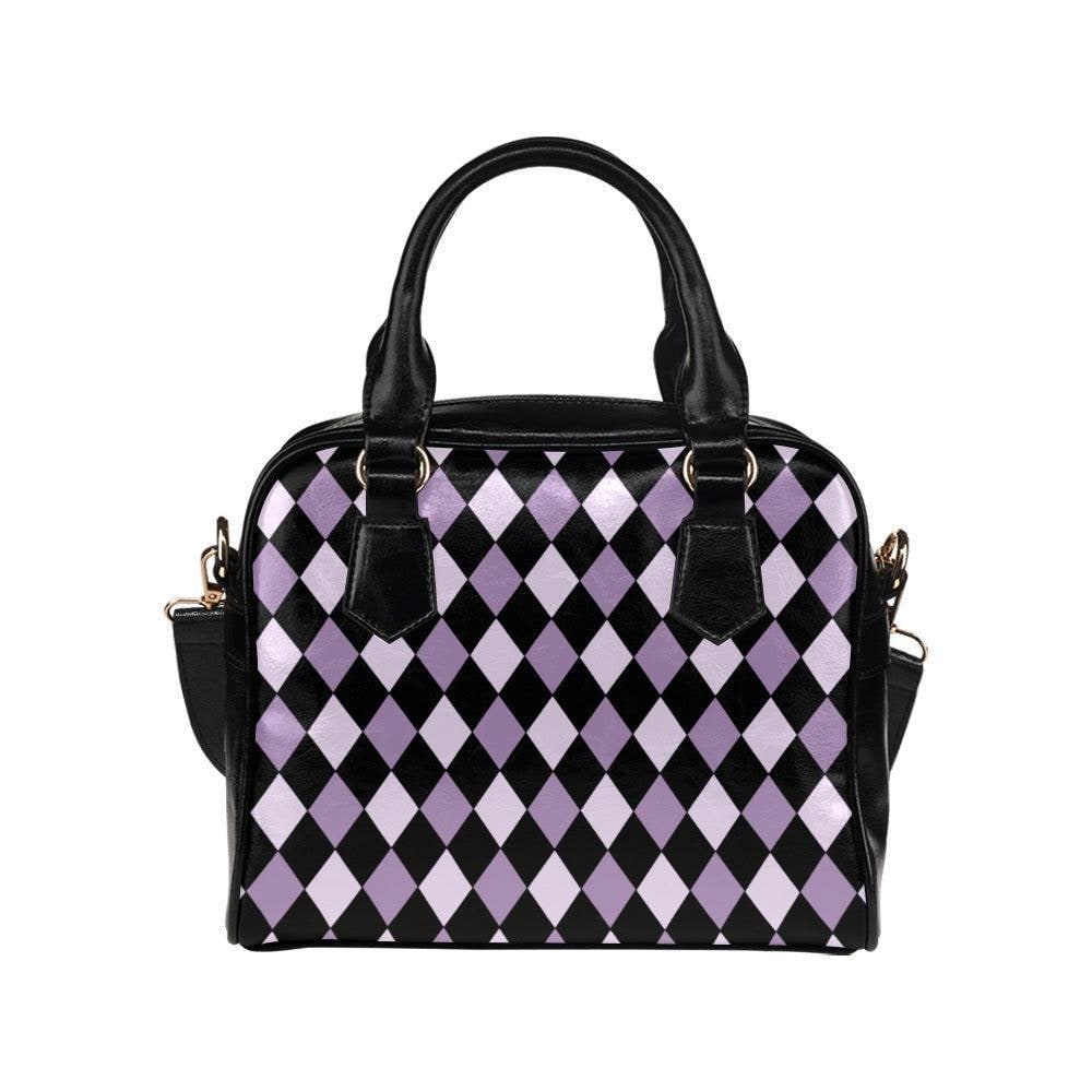 Purple Harlequin Satchel Bag, Vegan Leather Crossbody, Gothic Checkered Tote, Punk Festival Purse