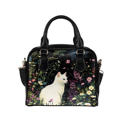 White Cat Satchel Bag, Floral Cottagecore Purse, Garden Handbag Gift for Cat Lover