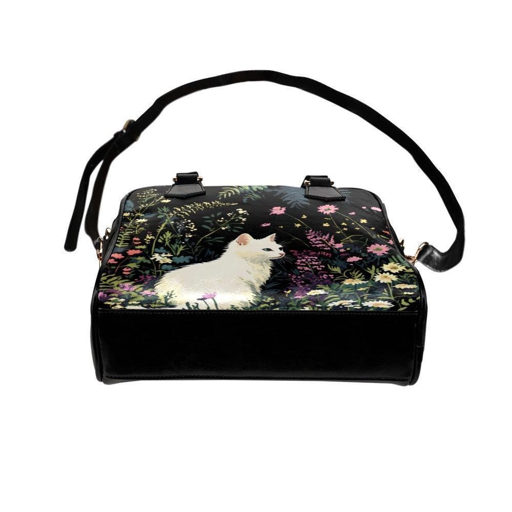 White Cat Satchel Bag, Floral Cottagecore Purse, Garden Handbag Gift for Cat Lover