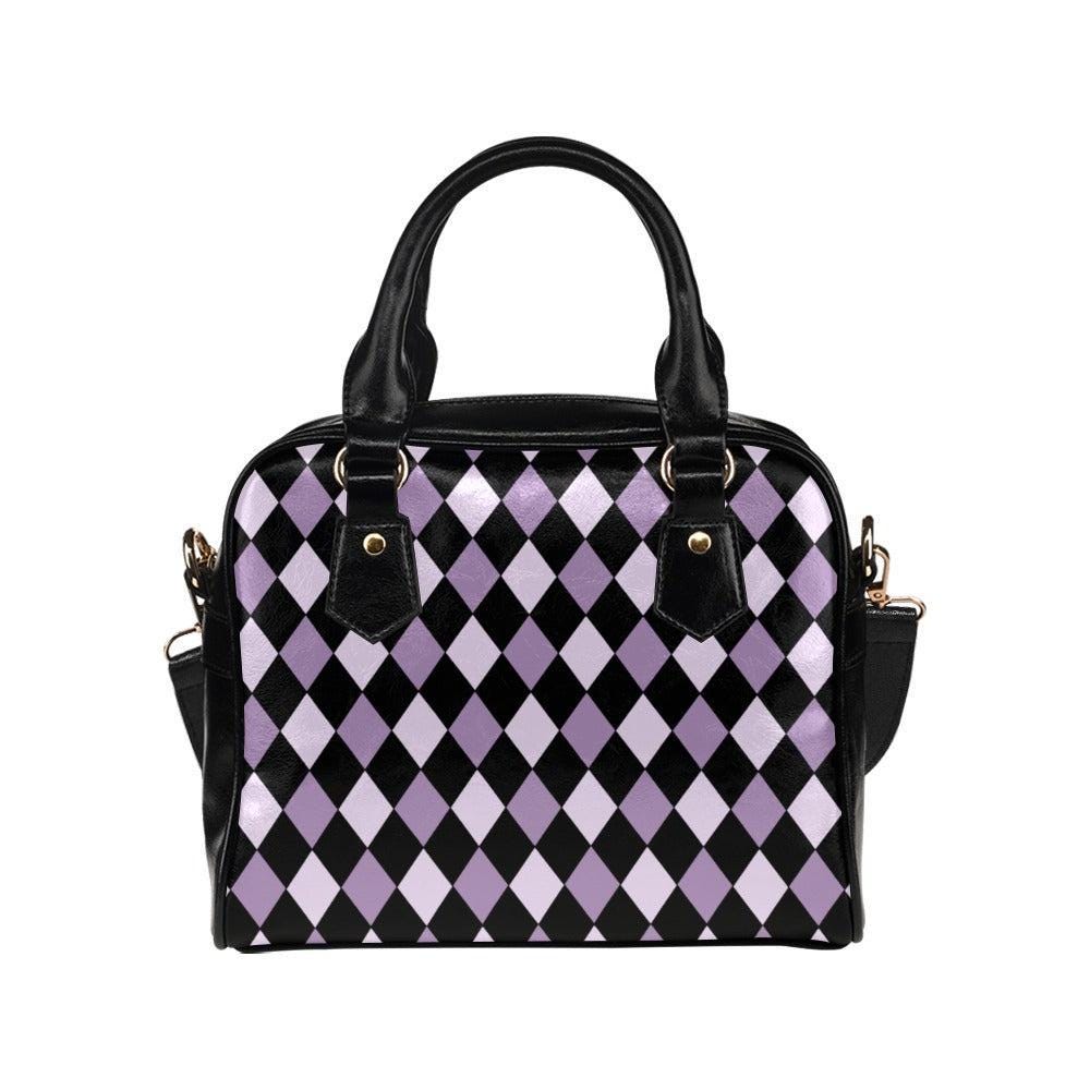 Purple Harlequin Satchel Bag, Vegan Leather Crossbody, Gothic Checkered Tote
