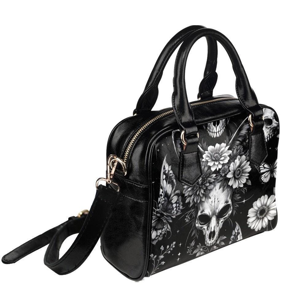 Goth Skull Bowler Bag, Black Floral Butterfly Handbag, Dark Academia Purse