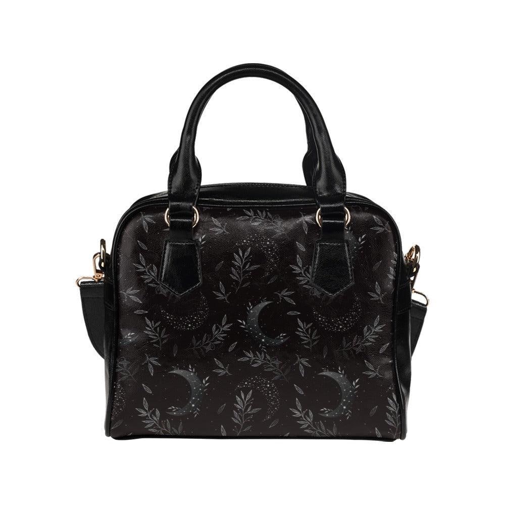 Black Celestial Moon Botanical Satchel, Vegan Leather Handbag, Dark Floral Statement Bag