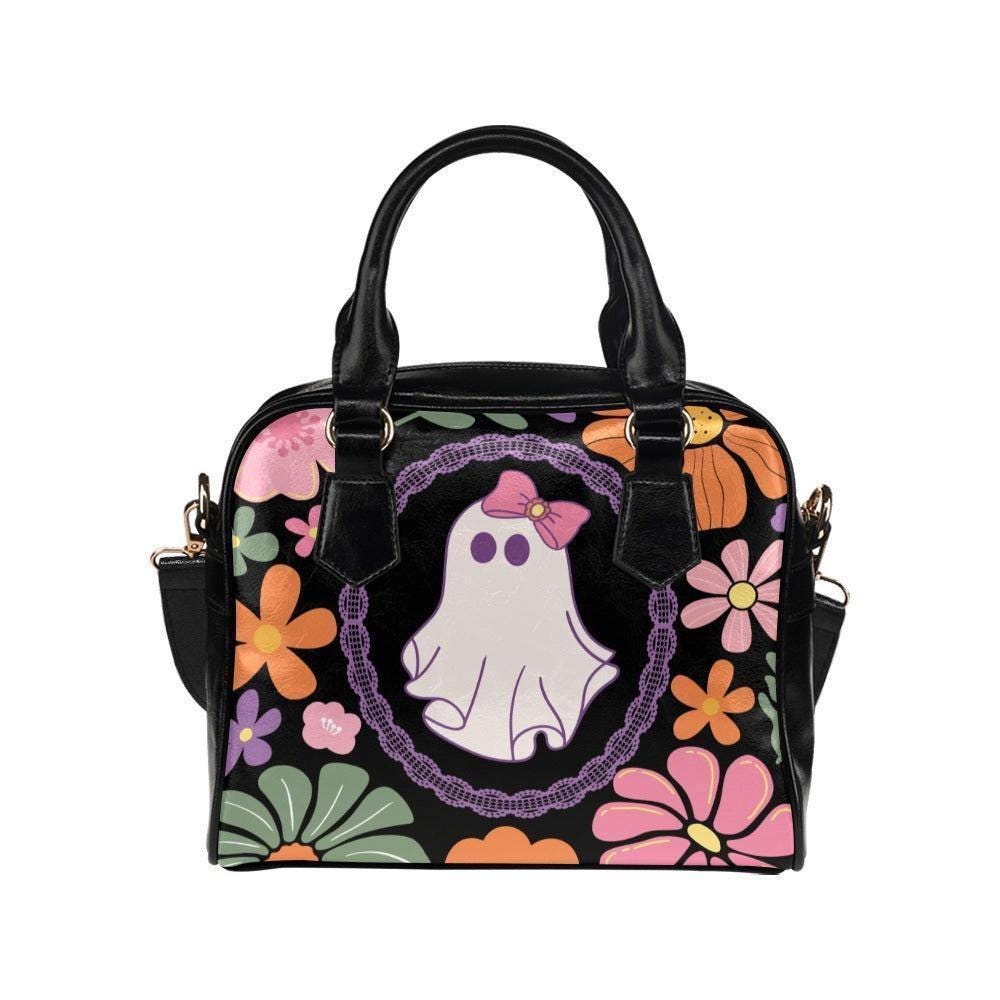 Groovy Ghost Purse with Floral Print, Retro Halloween Shoulder Bag, Cute Fall Handbag