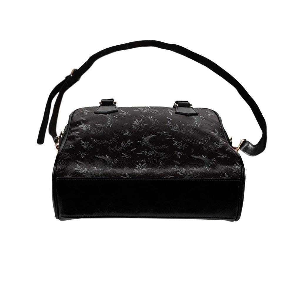 Black Celestial Moon Botanical Satchel, Vegan Leather Handbag, Dark Floral Statement Bag