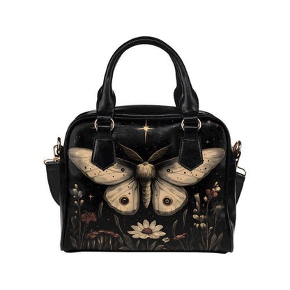 Moon Moth Satchel Bag, Dark Botanical Night Garden Crossbody, Vegan Faux Leather