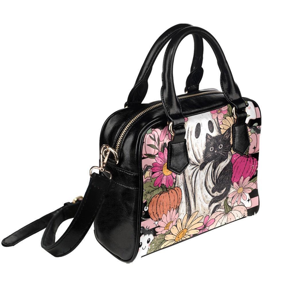 Cute Ghost Handbag, Black Cat Satchel Purse, Floral Halloween Bag, Pumpkin Crossbody