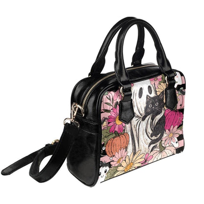Cute Ghost Handbag, Black Cat Satchel Purse, Floral Halloween Bag, Pumpkin Crossbody