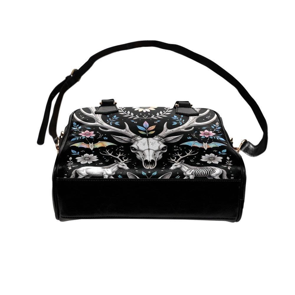 Woodland Fantasy Satchel with Antler Skull, Mystic Forest Purse, Folk Floral Handbag