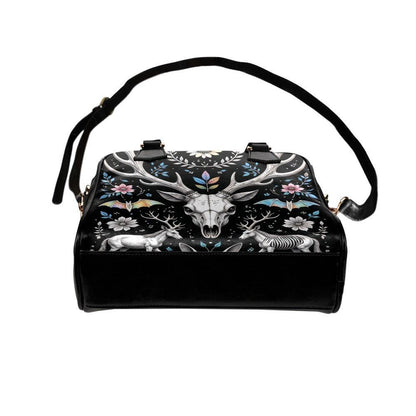 Woodland Fantasy Satchel with Antler Skull, Mystic Forest Purse, Folk Floral Handbag