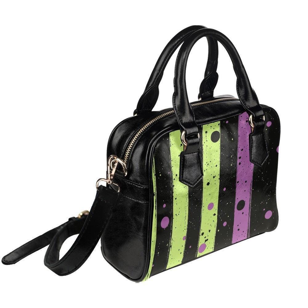 Halloween Stripe Purse, Gothic Top Handle Bag, Lime Purple Crossbody Handbag