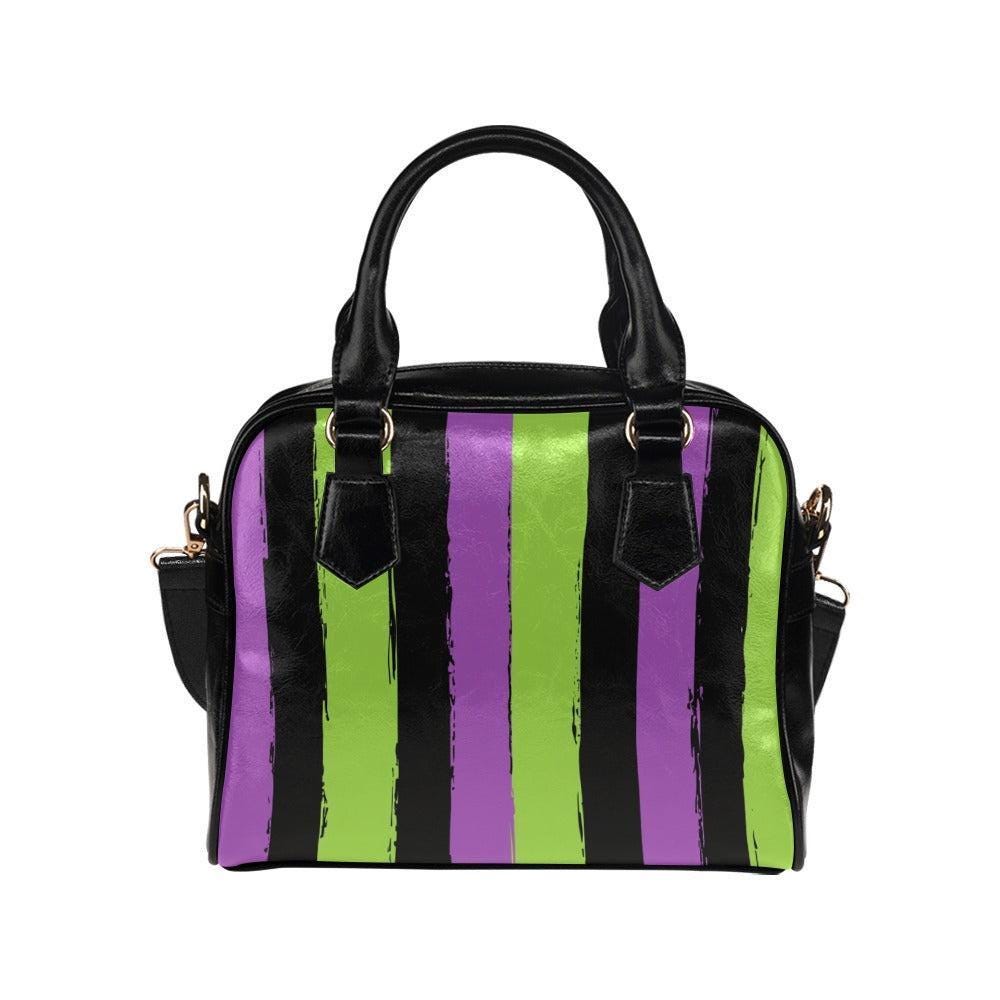 Goth Striped Handbag, Purple Green Top Handle Purse, Spooky Crossbody Satchel