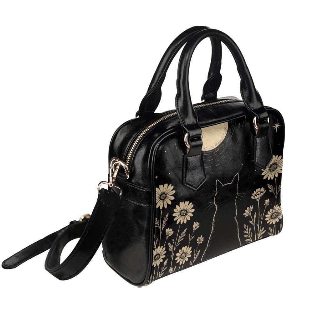 Black Cat Moon Handbag, Celestial Daisy Night Garden Satchel