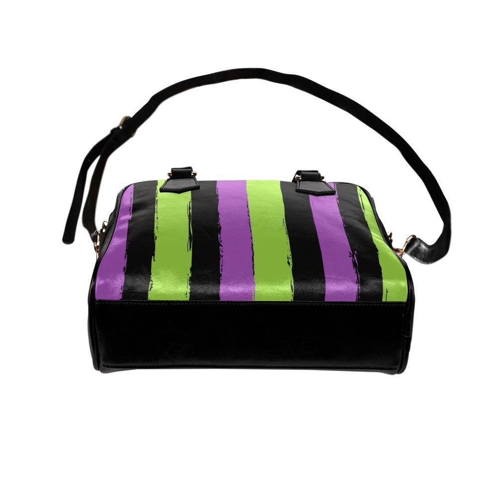 Goth Striped Handbag, Purple Green Top Handle Purse, Spooky Crossbody Satchel