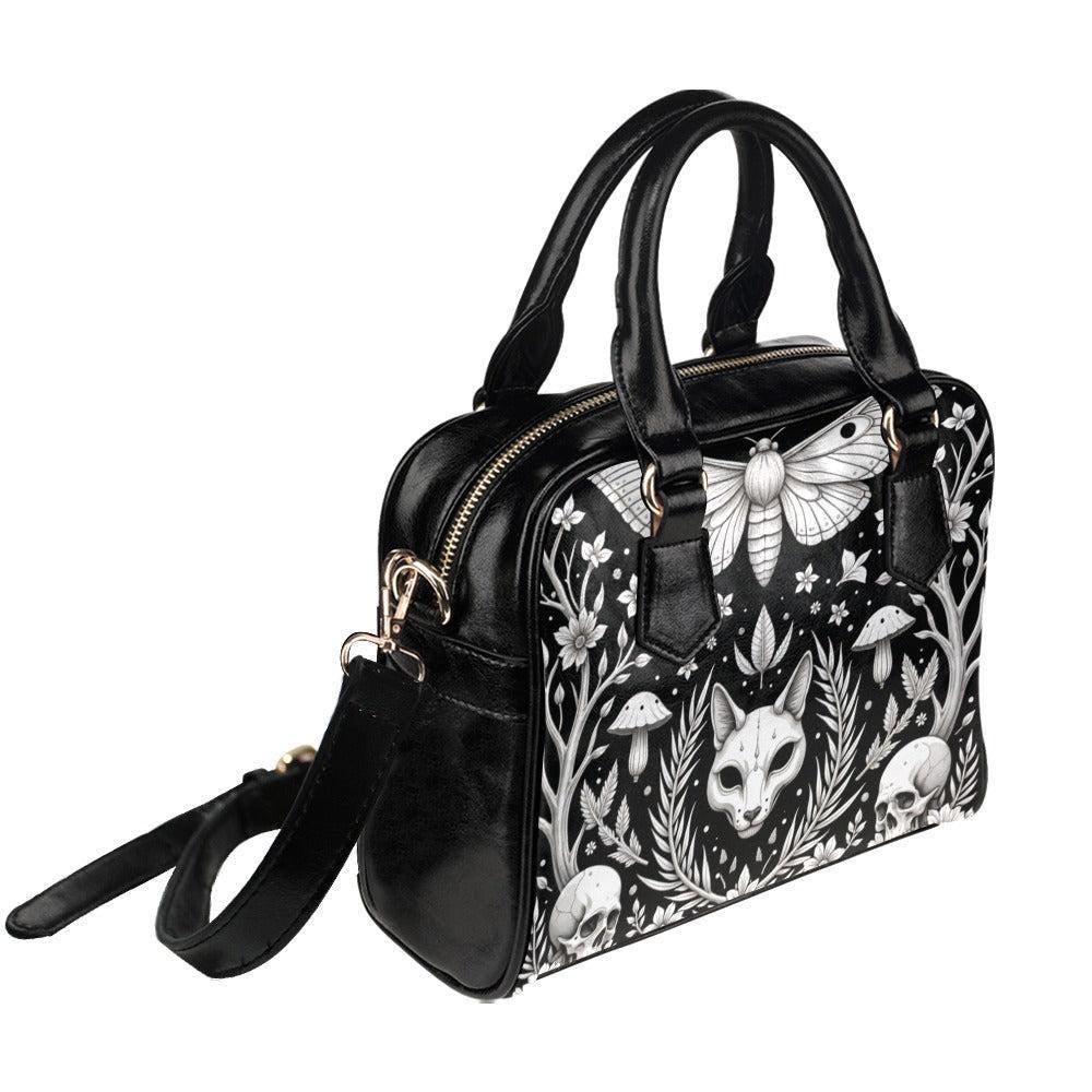 Moth Gothic Handbag, Monochrome Woodland Satchel, Skull Floral Purse, Dark Nature Bag