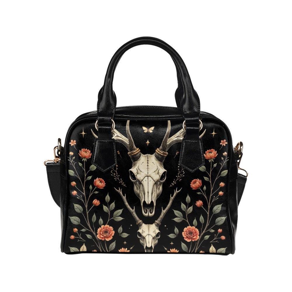 Gothic Satchel Purse with Deer Skull, Dark Floral Handbag, Witchy Shoulder Bag