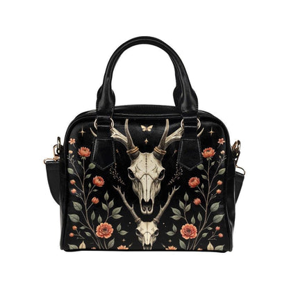 Gothic Satchel Purse with Deer Skull, Dark Floral Handbag, Witchy Shoulder Bag