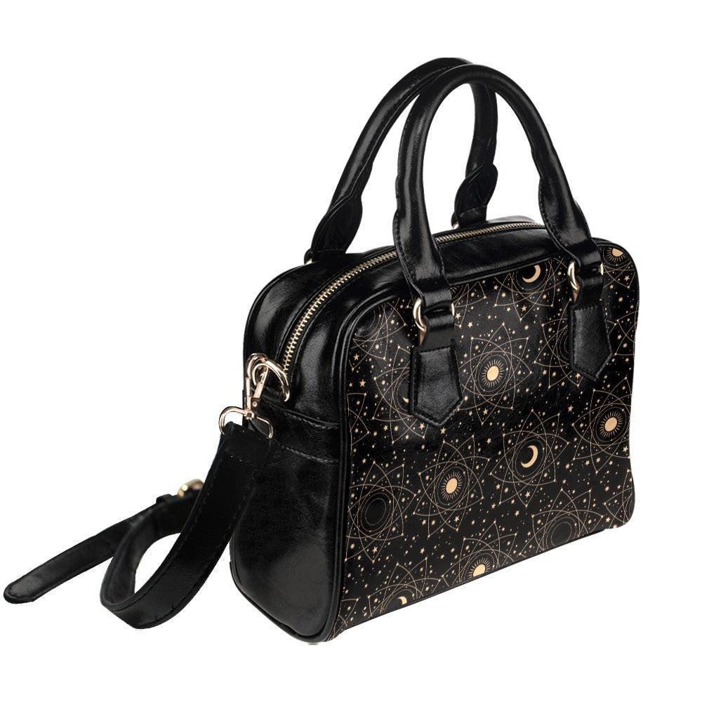 Astrology Satchel Handbag, Black Sun Moon Top Handle Purse with Crossbody Strap