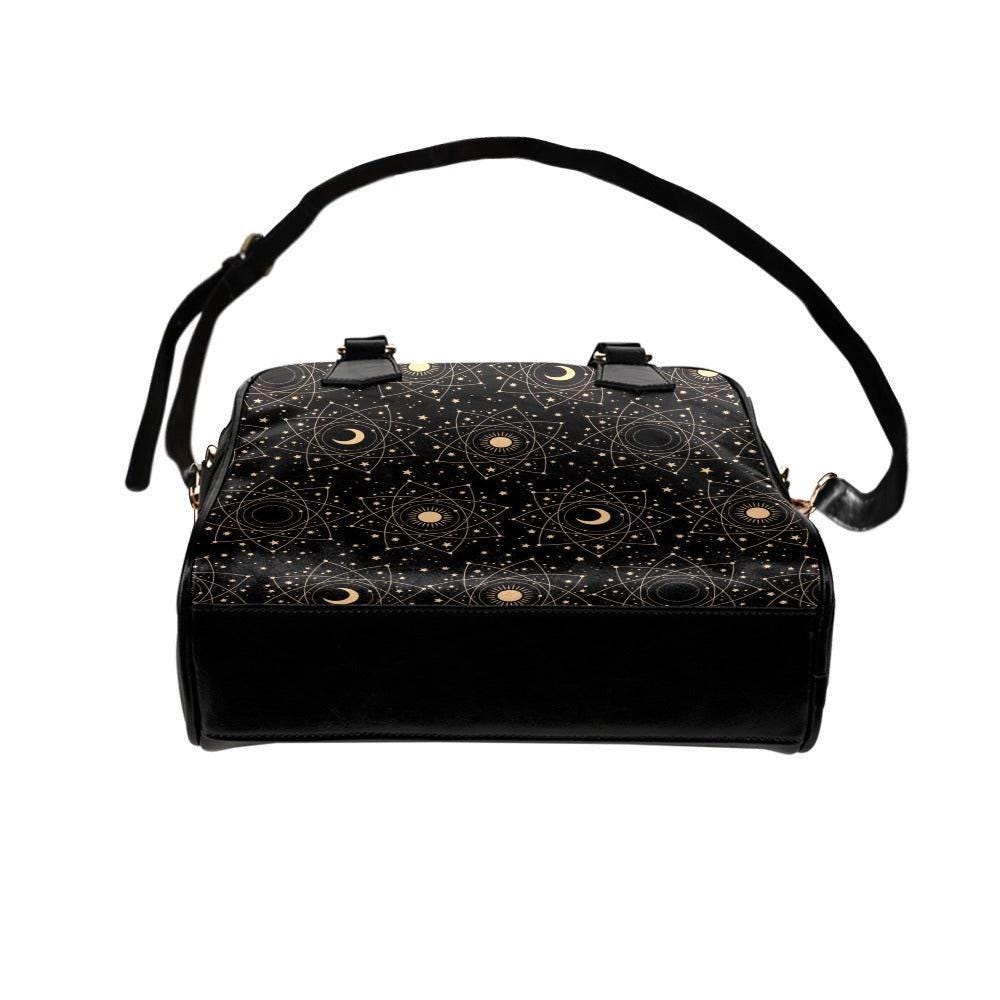Astrology Satchel Handbag, Black Sun Moon Top Handle Purse with Crossbody Strap