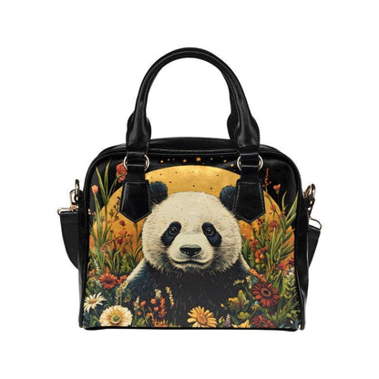 Panda handbag with floral print, top handle satchel purse, whimsical animal lover bag